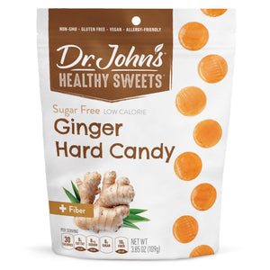 Dr. John's Healthy Sweets ginger hard candy package on a white background