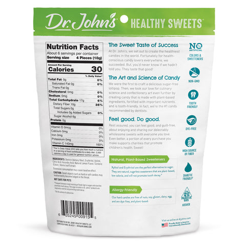 Dr. John's Healthy Sweets packaging with nutrition facts and product information on a white background