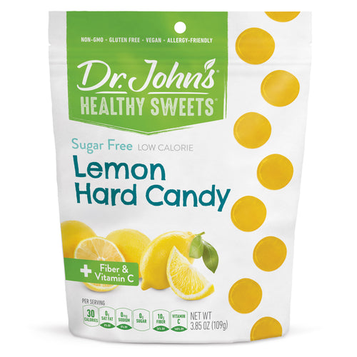Packaging of Dr. John's Healthy Sweets Lemon Hard Candy on a white background