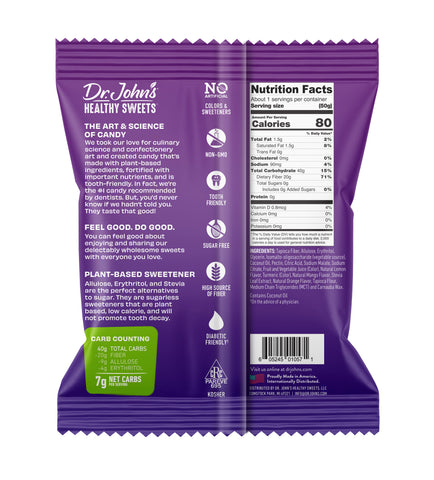 The back of a purple Dr. John's Healthy Sweets candy bag, showing the product's branding, ingredients, nutrition facts, and barcode.