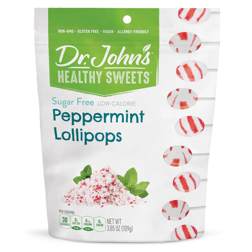 Packaging of Dr. John's Healthy Sweets Peppermint Lollipops on a white background