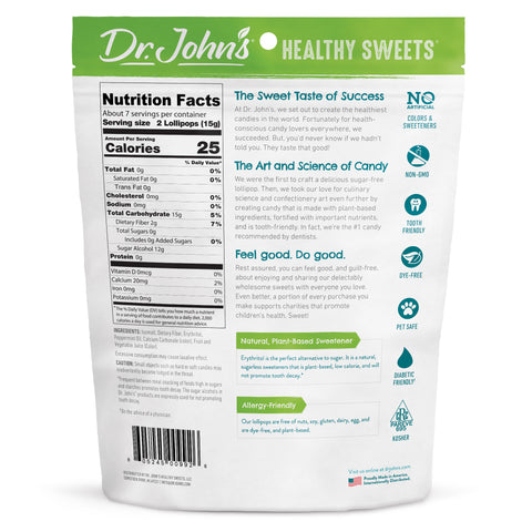 Back view of a Dr. John's Healthy Sweets bag showing nutrition facts, ingredients, and marketing text on a white background.