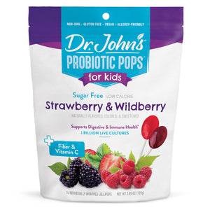 Packaging of Dr. John's Probiotic Pops for kids with strawberry and wildberry flavor on a white background.