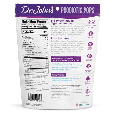 Back view of Dr. John's Probiotic Pops packaging with nutritional information and product details.