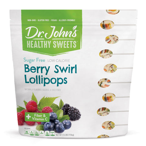 Packaging of Dr. John's Healthy Sweets Berry Swirl Lollipops on a white background