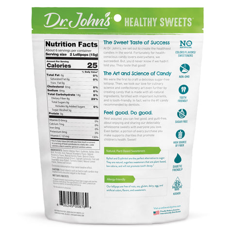 Dr. John's Healthy Sweets packaging with nutrition facts and product information on a white background