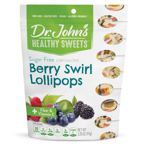 Packaging of Dr. John's Healthy Sweets Berry Swirl Lollipops on a white background