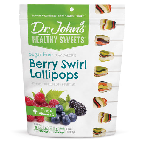 Dr. John's Healthy Sweets Berry Swirl Lollipops packaging on a white background