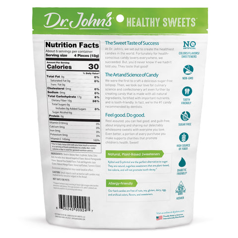 Dr. John's Healthy Sweets packaging with nutrition facts and product details on a white background