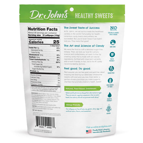 Back of a Dr. John's Healthy Sweets package with nutrition facts and branding details.