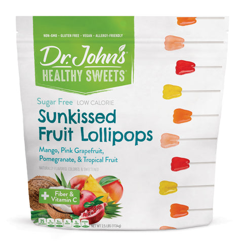 Packaging of Dr. John's Healthy Sweets Sunkissed Fruit Lollipops on a white background