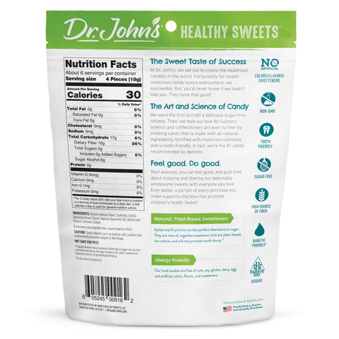 Dr. John's Healthy Sweets packaging with nutrition facts and product information.