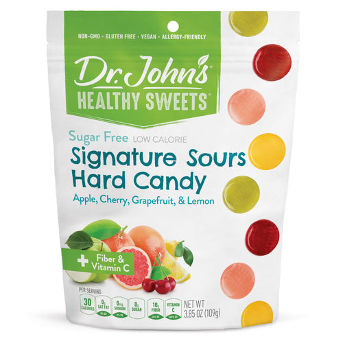 Dr. John's Healthy Sweets hard candy package with colorful candies on a white background