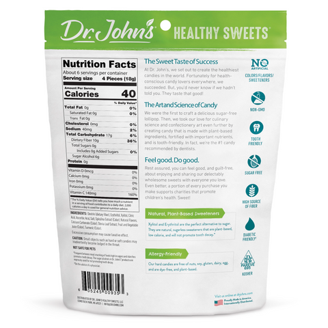 Dr. John's Healthy Sweets packaging with nutrition facts and health benefits listed.