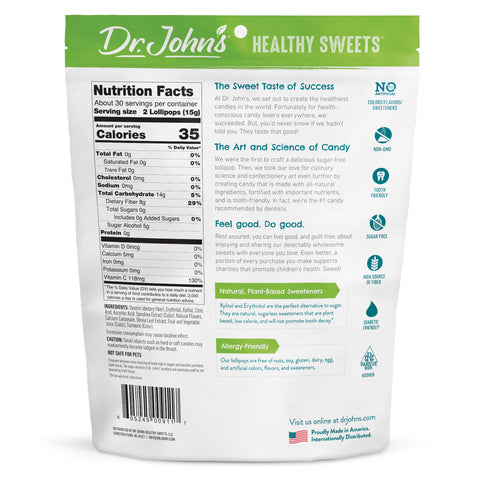 Dr. John's Healthy Sweets packaging with nutrition facts and product details.