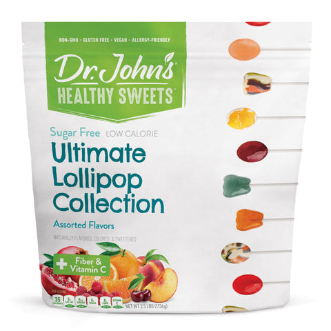 Dr. John's Healthy Sweets lollipop collection packaging on a white background