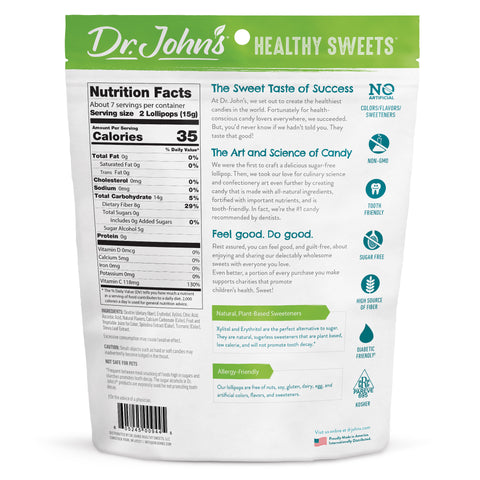 Dr. John's Healthy Sweets packaging - 3.85 oz, retail size - with nutrition facts and product details.