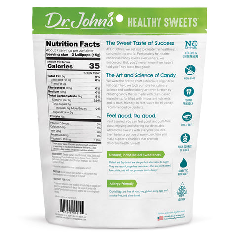 Back of a Dr. John's Healthy Sweets bag showing nutrition facts, product description, and several green certification and benefit icons on a white background.
