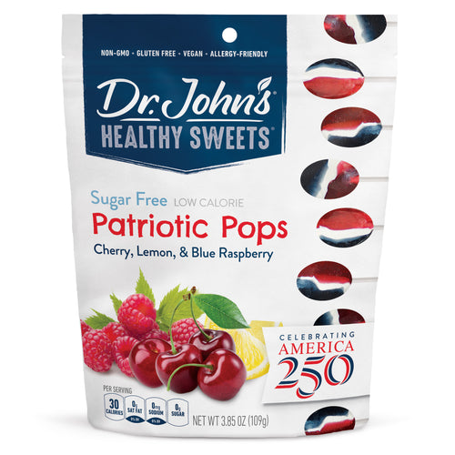 Packaging of Dr. John's Healthy Sweets Patriotic Pops with fruit illustrations and branding details.