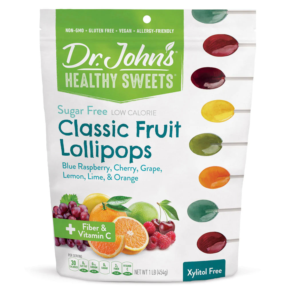 Dr. John's Healthy Sweets Classic Fruit Lollipops packaging on a white background
