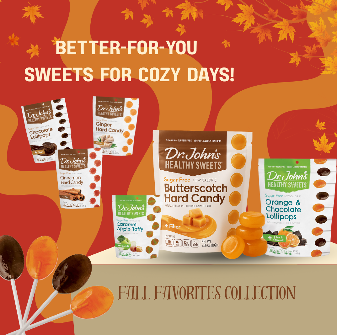 Dr. John's Healthy Sweets products with autumn-themed background