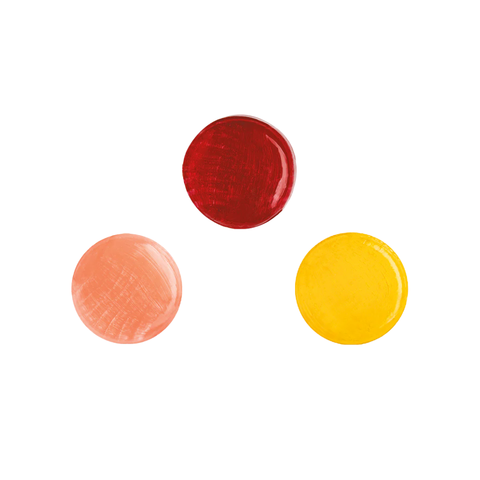 Three round buttons in red, orange, and yellow on a white background