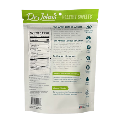 Dr. John's Healthy Sweets packaging with nutrition facts and branding on a white background