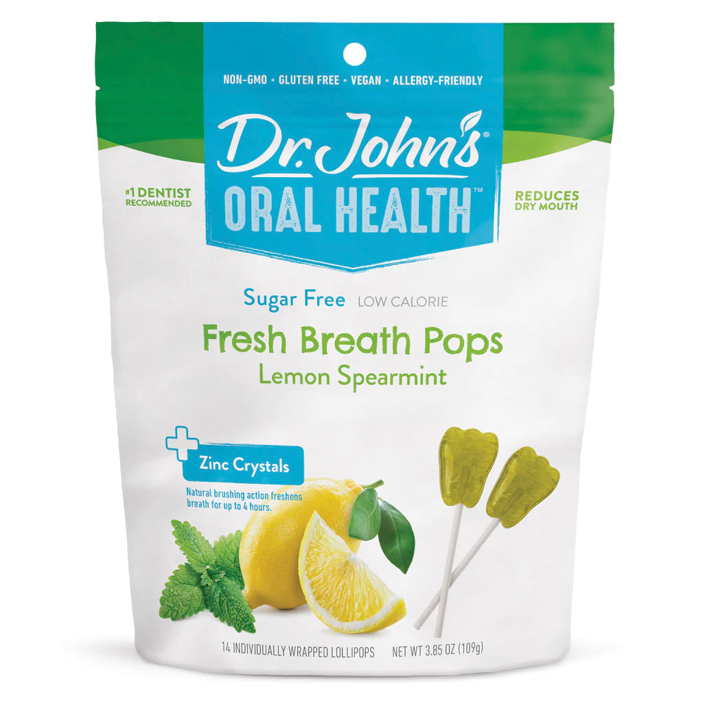 Dr. John's Oral Health Fresh Breath Pops packaging with lemon and spearmint graphics on a white background.
