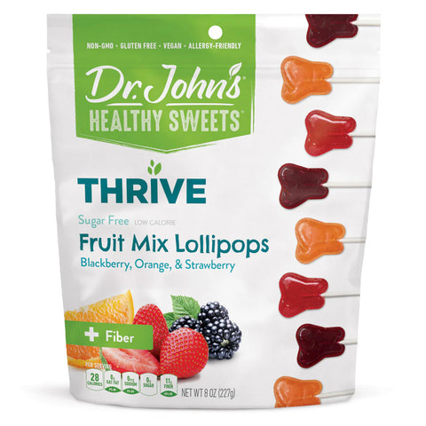 Packaging of Dr. John's Healthy Sweets Thrive Fruit Mix Lollipops on a white background