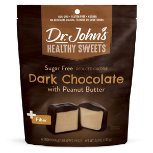 Dr. John's Healthy Sweets package for dark chocolate with peanut butter on a white background