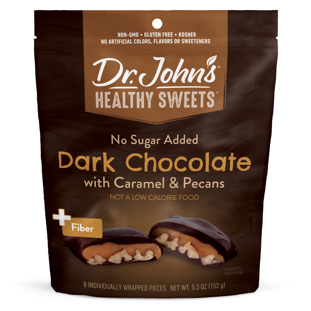 Dr. John's Healthy Sweets no sugar added dark chocolate with caramel & pecans packaging.