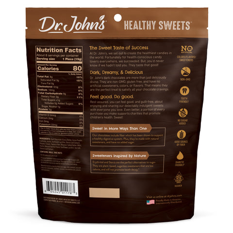 Dr. John's Healthy Sweets packaging with nutritional information and product details.