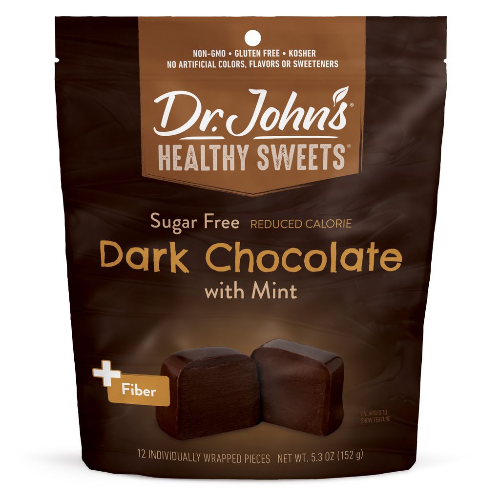 Dr. John's Healthy Sweets dark chocolate with mint package on a white background